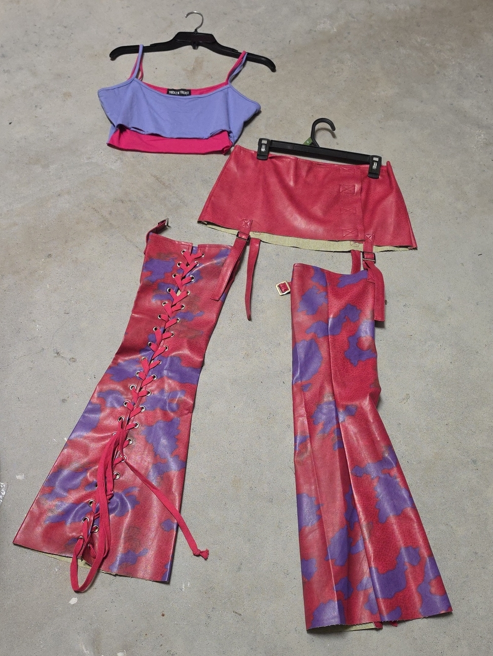 New Dolls Kill Red & Purple Faux Leather Garter Mini Skirt with Detachable Chaps